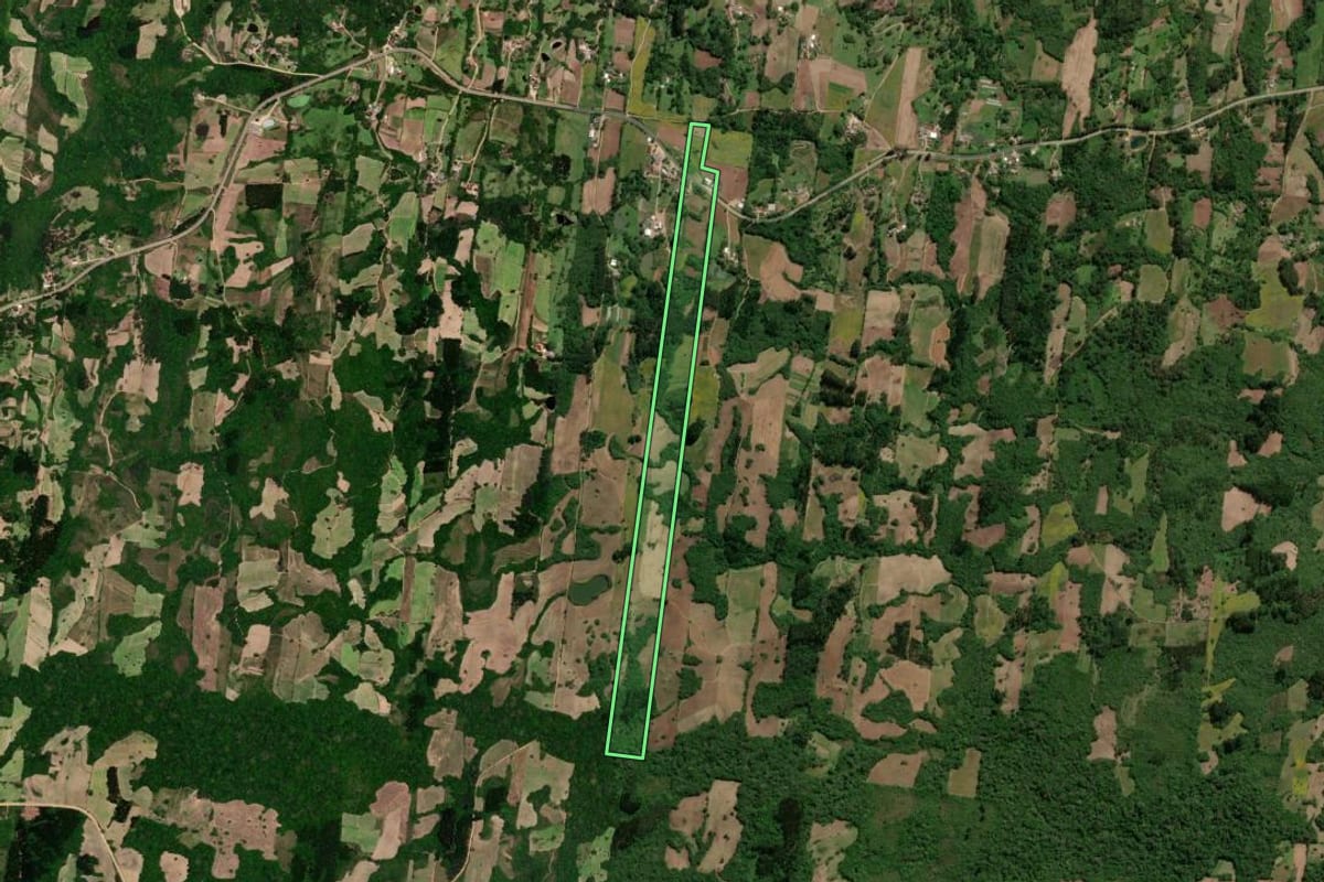 Imagem de satélite do imóvel rural em São Lourenço do Sul (RS), com o contorno declarado no CAR desenhado por cima.