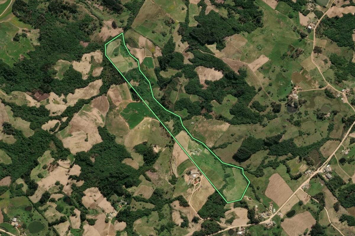 Imagem de satélite do imóvel rural em São Lourenço do Sul (RS), com o contorno declarado no CAR desenhado por cima.