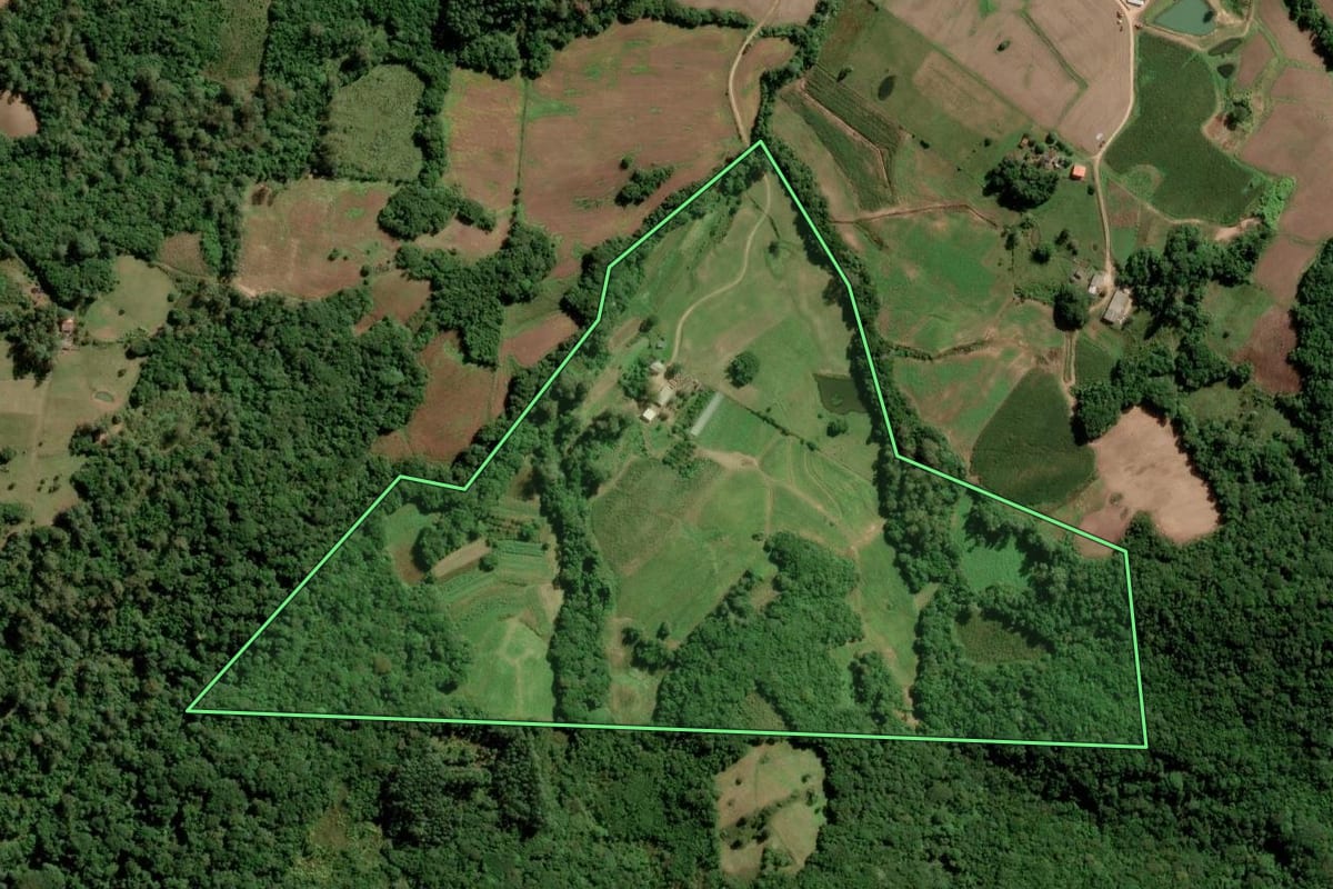 Imagem de satélite do imóvel rural em São Lourenço do Sul (RS), com o contorno declarado no CAR desenhado por cima.