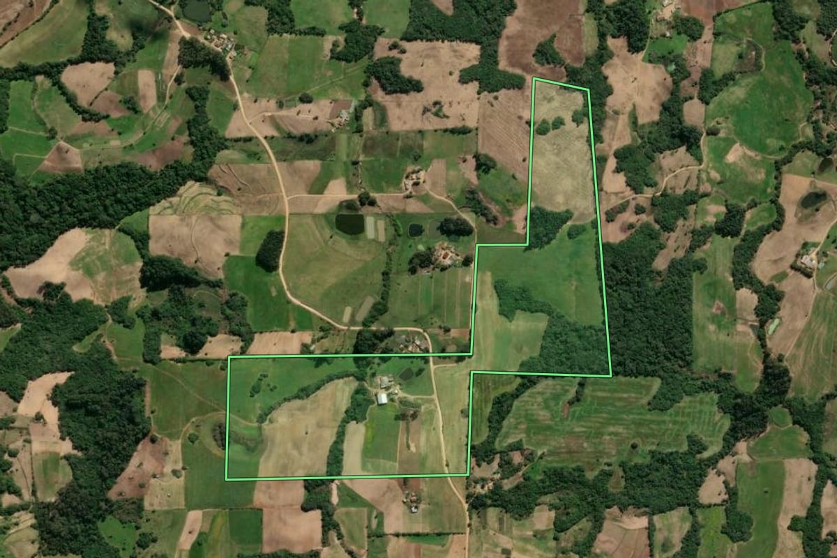 Imagem de satélite do imóvel rural em São Lourenço do Sul (RS), com o contorno declarado no CAR desenhado por cima.