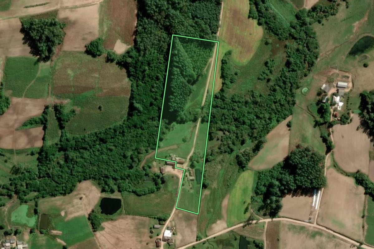 Imagem de satélite do imóvel rural em São Lourenço do Sul (RS), com o contorno declarado no CAR desenhado por cima.