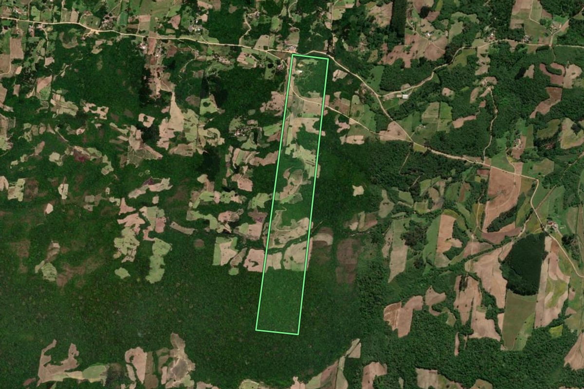Imagem de satélite do imóvel rural em São Lourenço do Sul (RS), com o contorno declarado no CAR desenhado por cima.