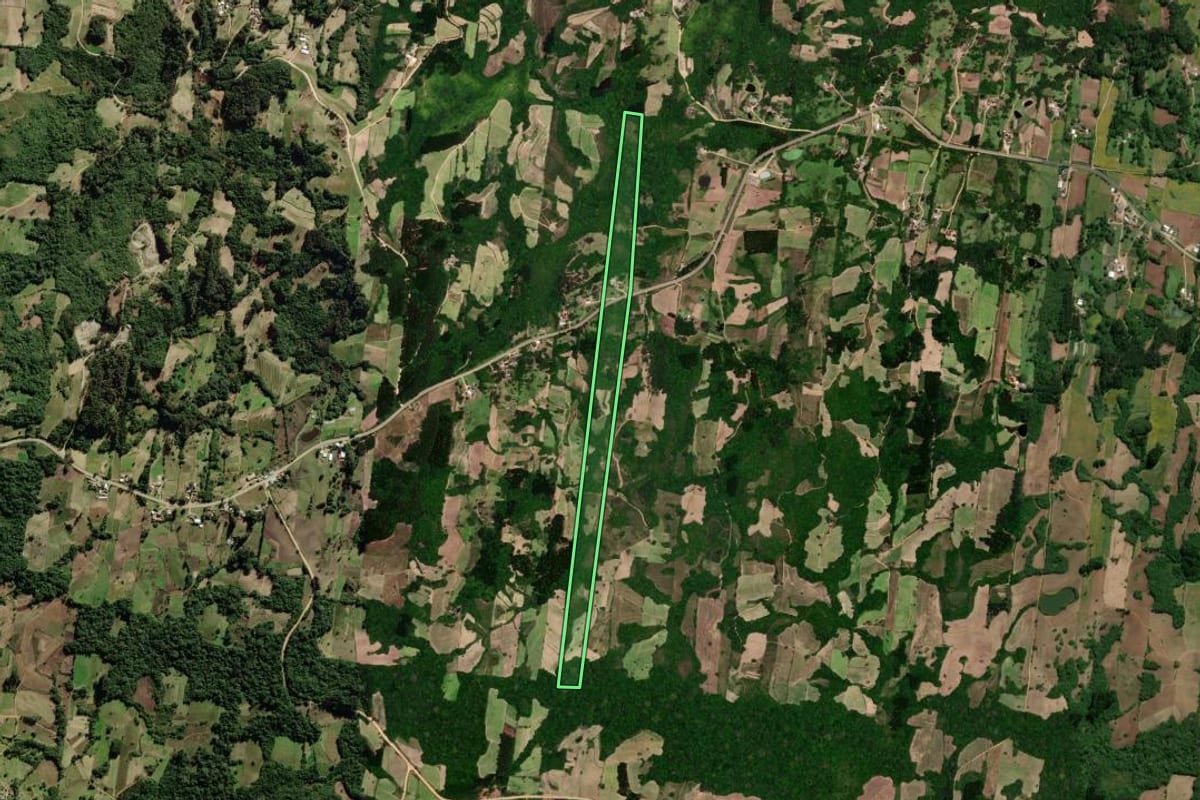 Imagem de satélite do imóvel rural em São Lourenço do Sul (RS), com o contorno declarado no CAR desenhado por cima.