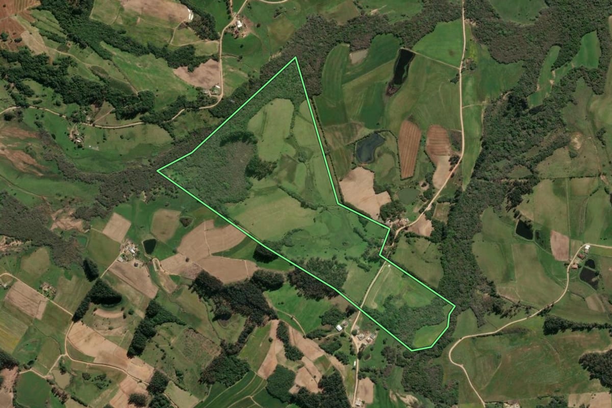 Imagem de satélite do imóvel rural em São Lourenço do Sul (RS), com o contorno declarado no CAR desenhado por cima.
