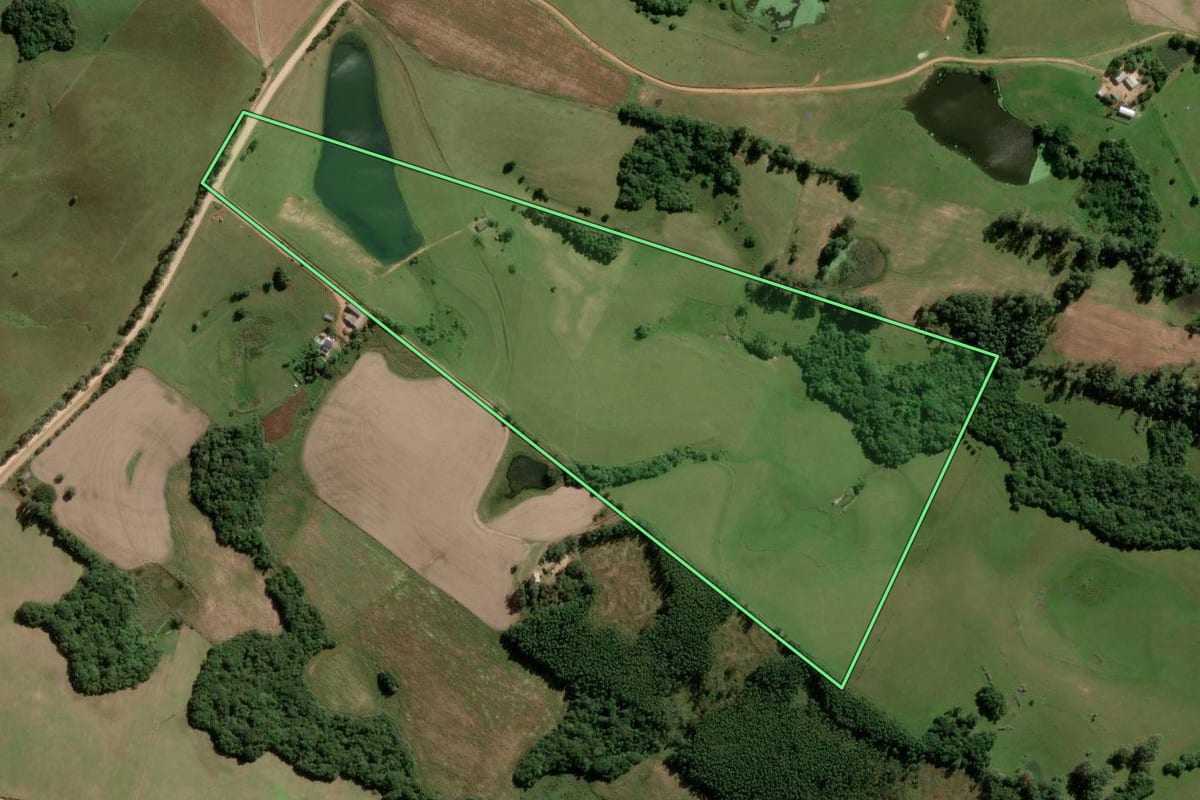 Imagem de satélite do imóvel rural em São Lourenço do Sul (RS), com o contorno declarado no CAR desenhado por cima.