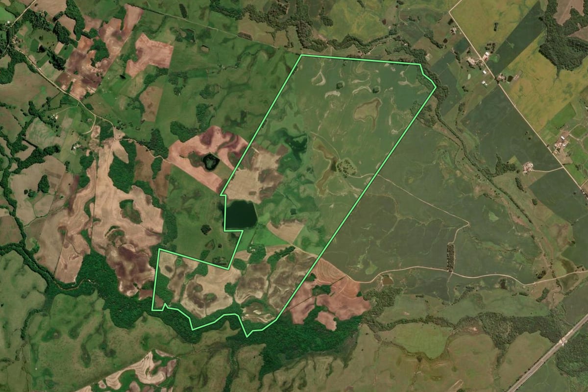 Imagem de satélite do imóvel rural em São Lourenço do Sul (RS), com o contorno declarado no CAR desenhado por cima.