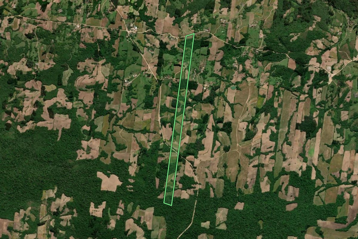 Imagem de satélite do imóvel rural em São Lourenço do Sul (RS), com o contorno declarado no CAR desenhado por cima.