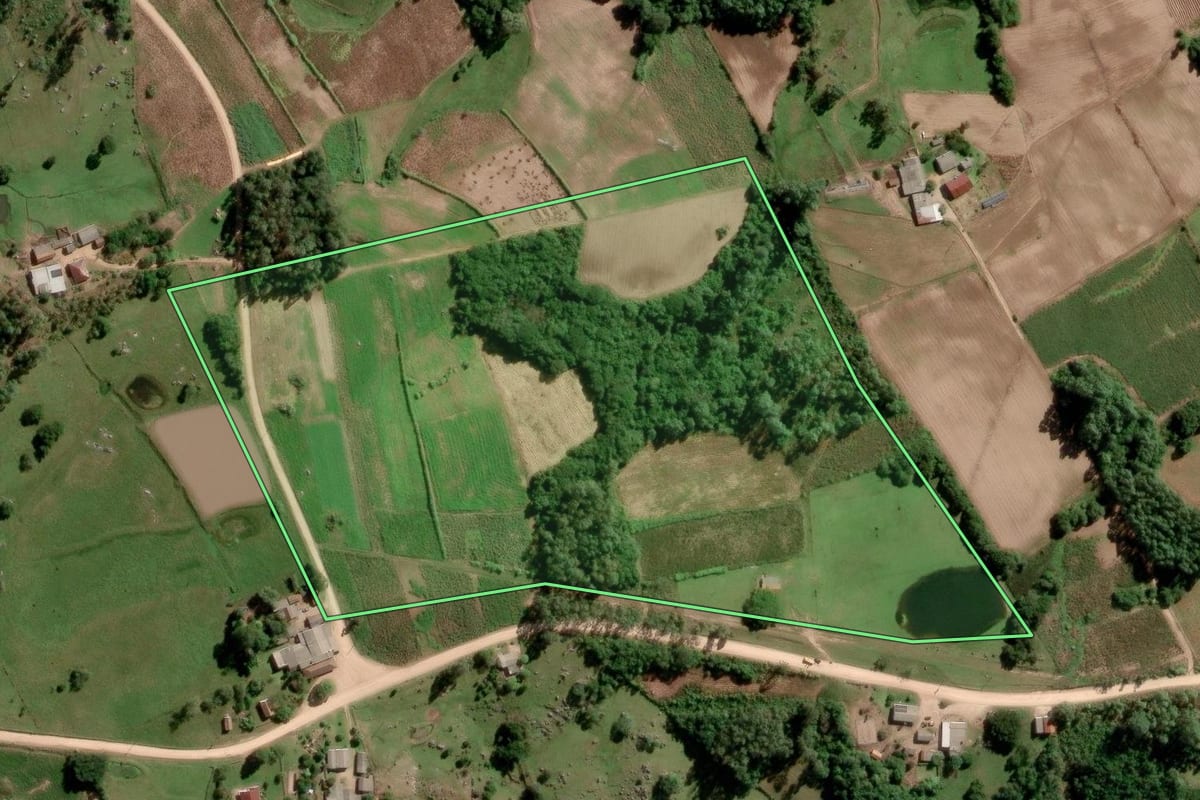 Imagem de satélite do imóvel rural em São Lourenço do Sul (RS), com o contorno declarado no CAR desenhado por cima.