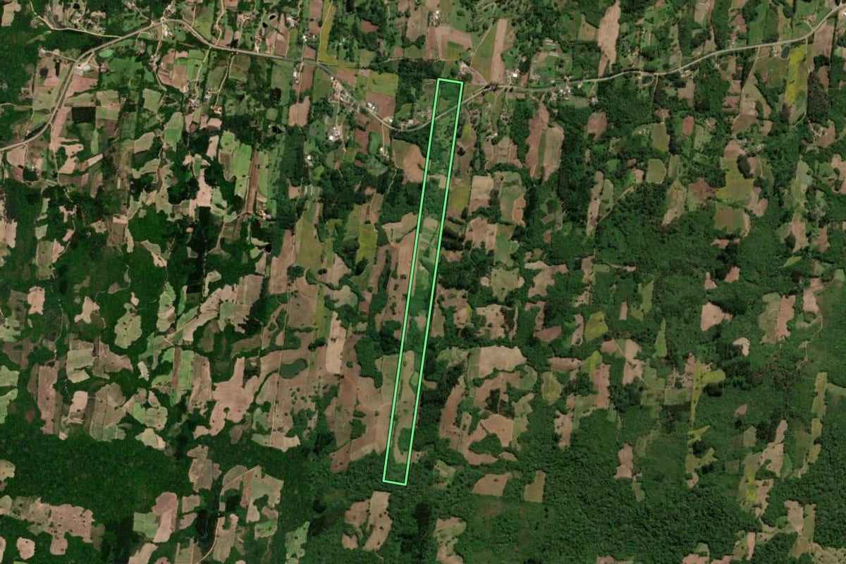 Imagem de satélite do imóvel rural em São Lourenço do Sul (RS), com o contorno declarado no CAR desenhado por cima.