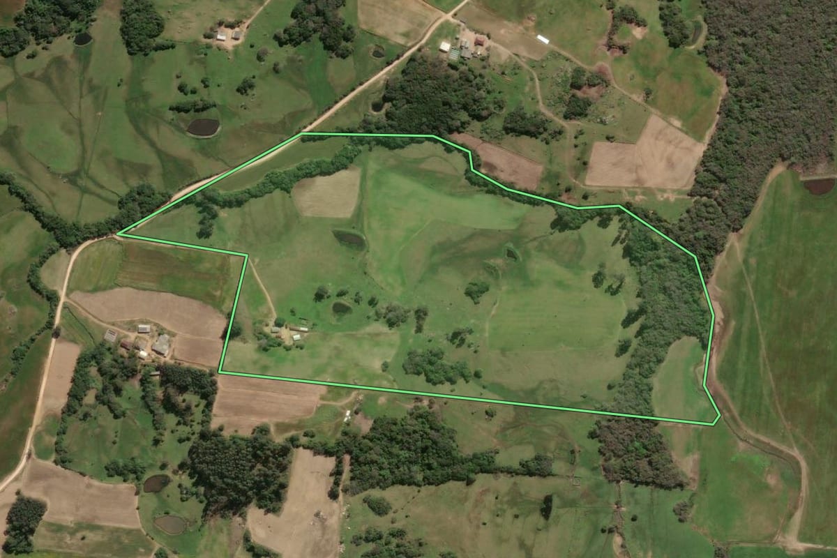Imagem de satélite do imóvel rural em São Lourenço do Sul (RS), com o contorno declarado no CAR desenhado por cima.