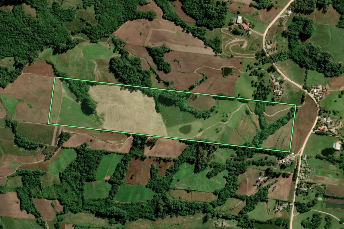 Imagem de satélite do imóvel rural em São Lourenço do Sul (RS), com o contorno declarado no CAR desenhado por cima.