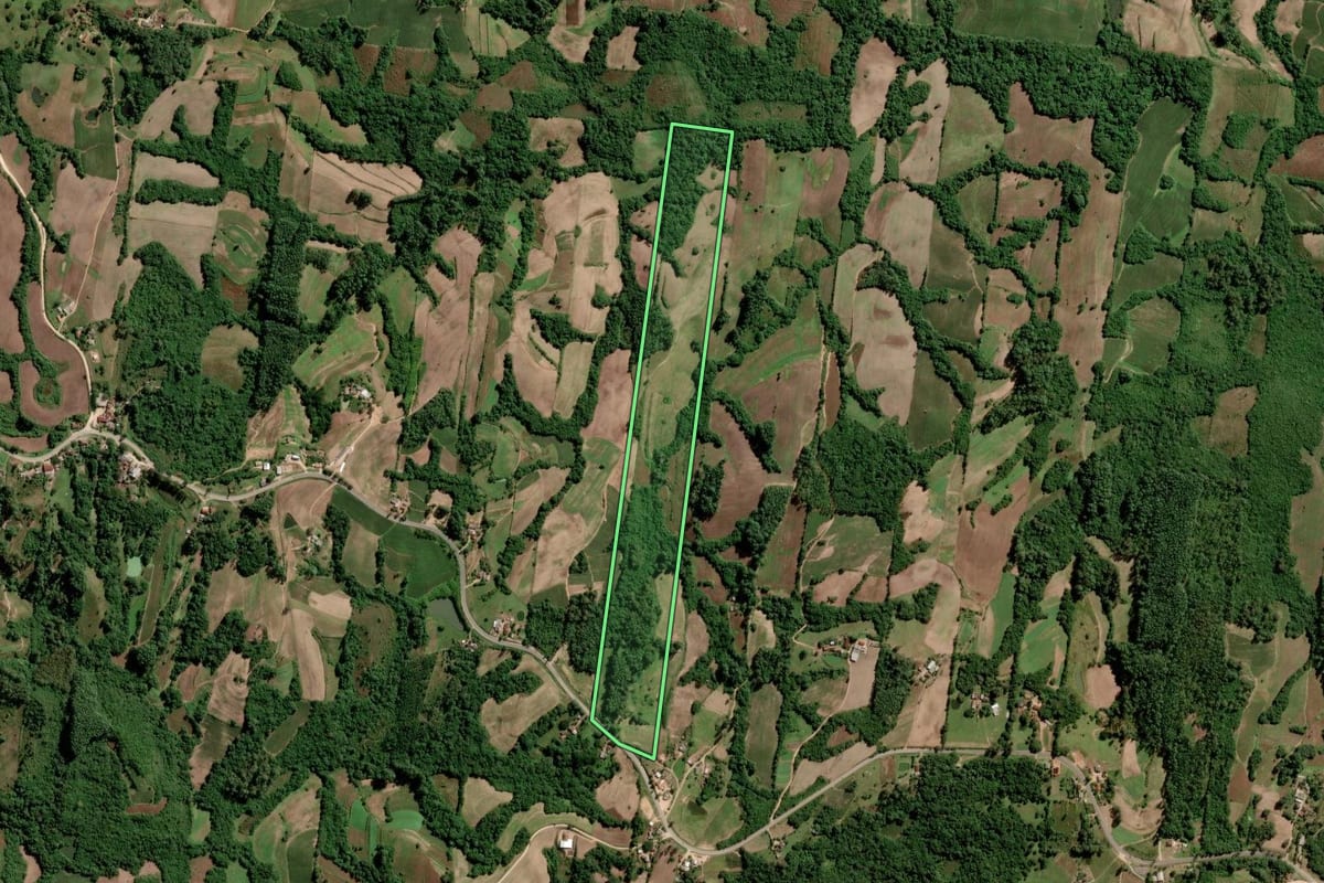 Imagem de satélite do imóvel rural em São Lourenço do Sul (RS), com o contorno declarado no CAR desenhado por cima.