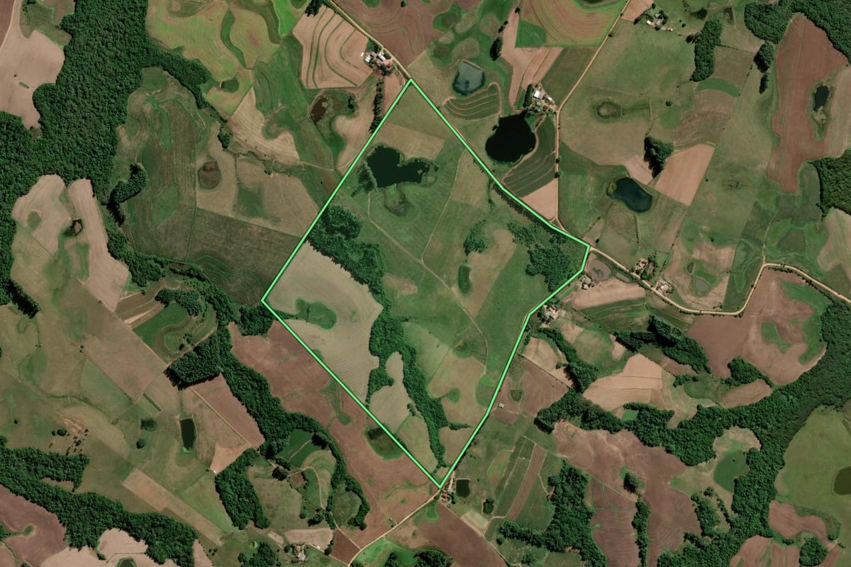 Imagem de satélite do imóvel rural em São Lourenço do Sul (RS), com o contorno declarado no CAR desenhado por cima.