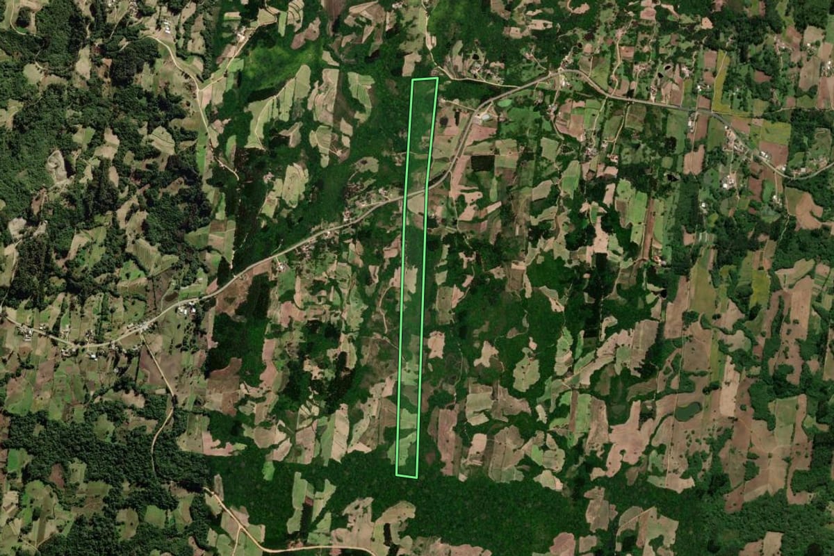 Imagem de satélite do imóvel rural em São Lourenço do Sul (RS), com o contorno declarado no CAR desenhado por cima.