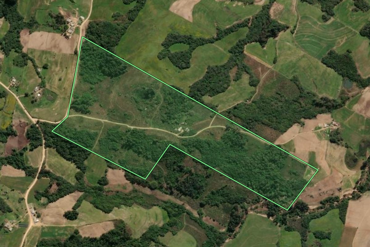 Imagem de satélite do imóvel rural em São Lourenço do Sul (RS), com o contorno declarado no CAR desenhado por cima.