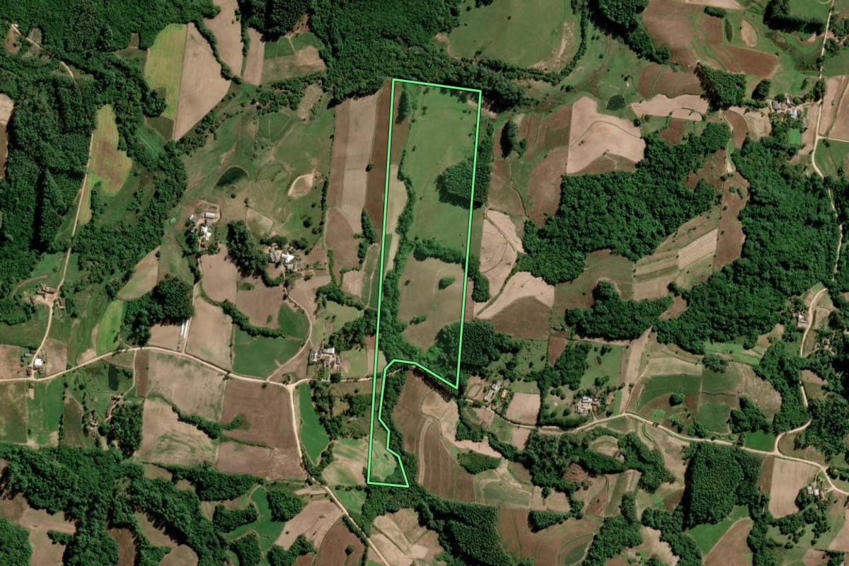 Imagem de satélite do imóvel rural em São Lourenço do Sul (RS), com o contorno declarado no CAR desenhado por cima.