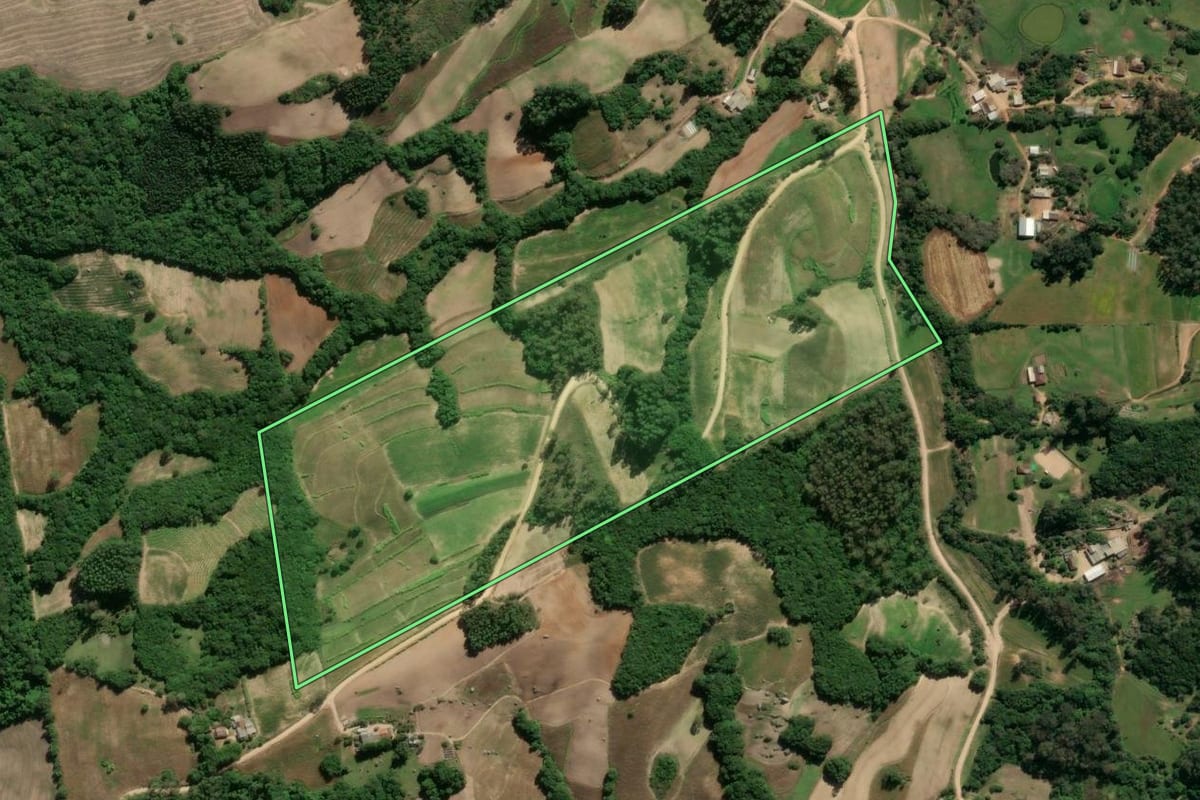 Imagem de satélite do imóvel rural em São Lourenço do Sul (RS), com o contorno declarado no CAR desenhado por cima.