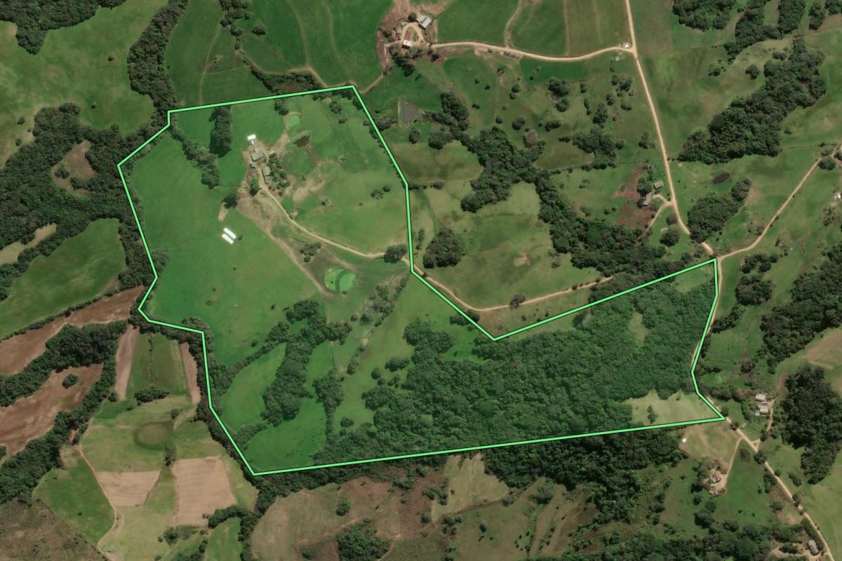 Imagem de satélite do imóvel rural em São Lourenço do Sul (RS), com o contorno declarado no CAR desenhado por cima.