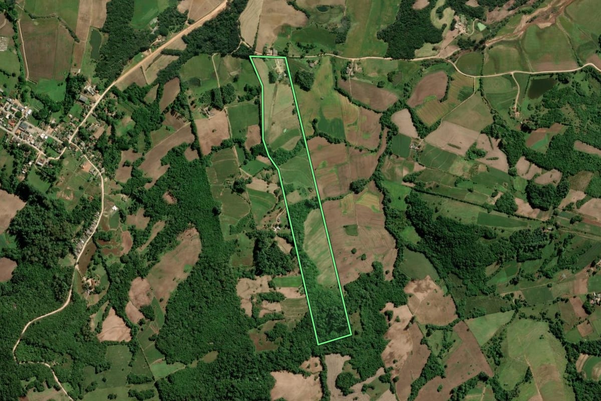 Imagem de satélite do imóvel rural em São Lourenço do Sul (RS), com o contorno declarado no CAR desenhado por cima.