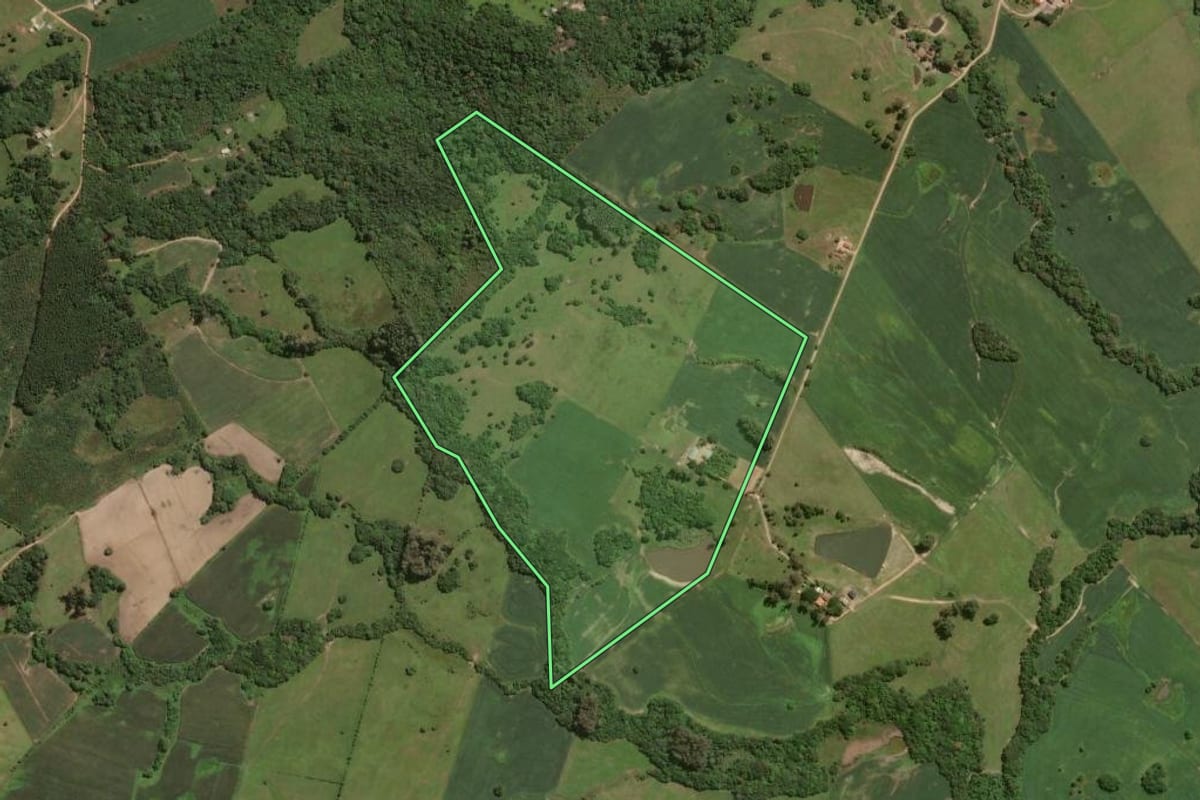 Imagem de satélite do imóvel rural em São Lourenço do Sul (RS), com o contorno declarado no CAR desenhado por cima.