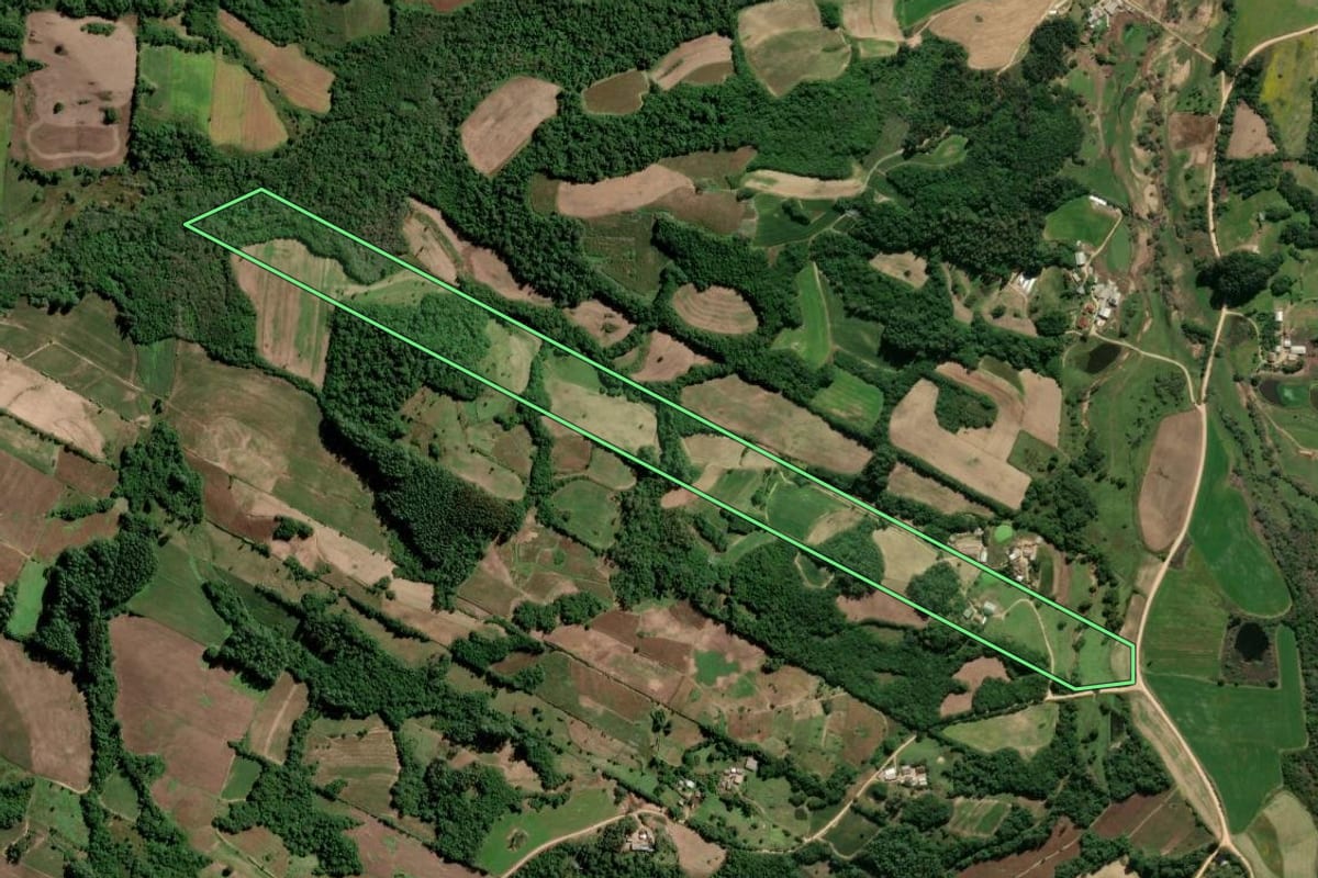 Imagem de satélite do imóvel rural em São Lourenço do Sul (RS), com o contorno declarado no CAR desenhado por cima.