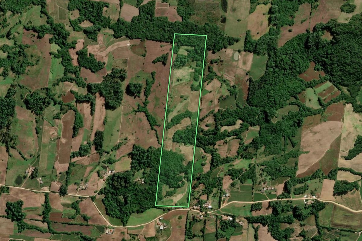 Imagem de satélite do imóvel rural em São Lourenço do Sul (RS), com o contorno declarado no CAR desenhado por cima.