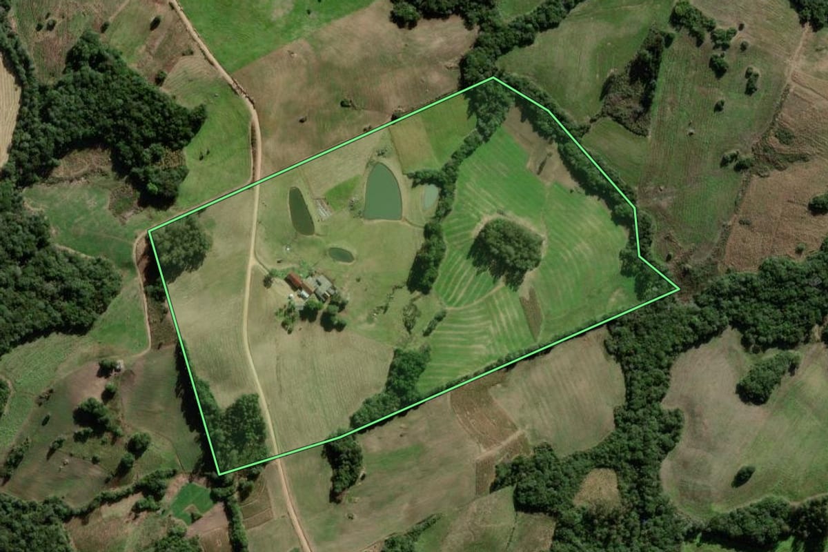 Imagem de satélite do imóvel rural em São Lourenço do Sul (RS), com o contorno declarado no CAR desenhado por cima.