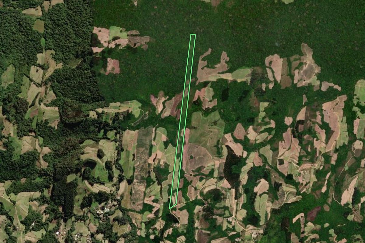 Imagem de satélite do imóvel rural em São Lourenço do Sul (RS), com o contorno declarado no CAR desenhado por cima.