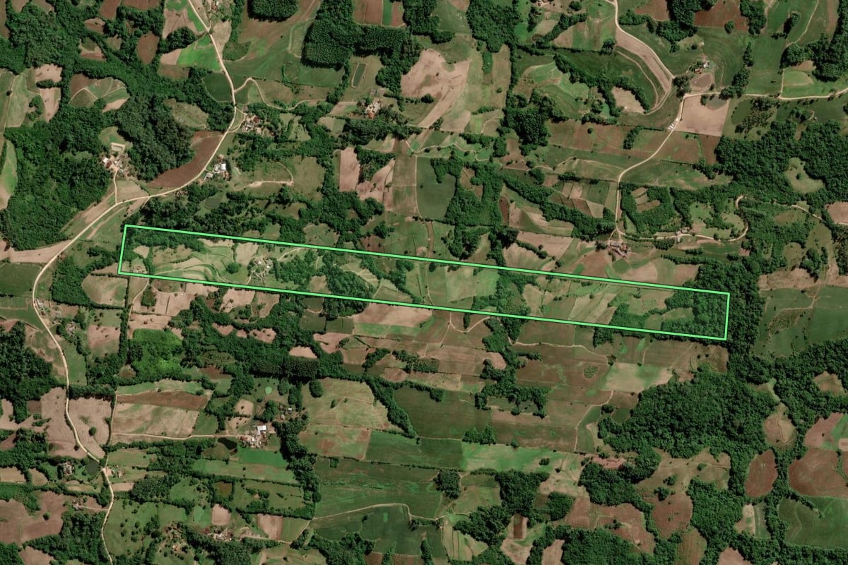 Imagem de satélite do imóvel rural em São Lourenço do Sul (RS), com o contorno declarado no CAR desenhado por cima.