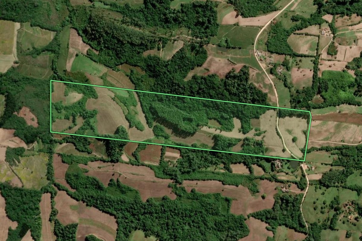 Imagem de satélite do imóvel rural em São Lourenço do Sul (RS), com o contorno declarado no CAR desenhado por cima.