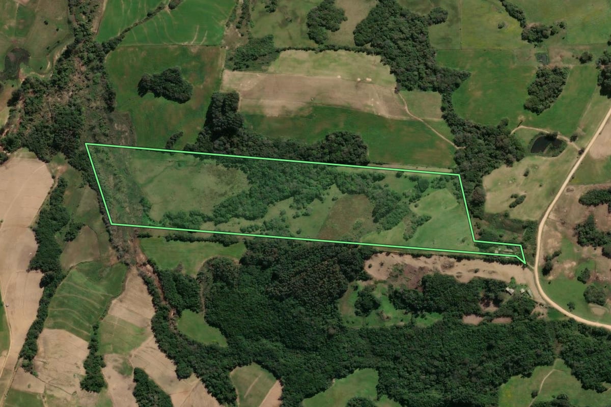 Imagem de satélite do imóvel rural em São Lourenço do Sul (RS), com o contorno declarado no CAR desenhado por cima.
