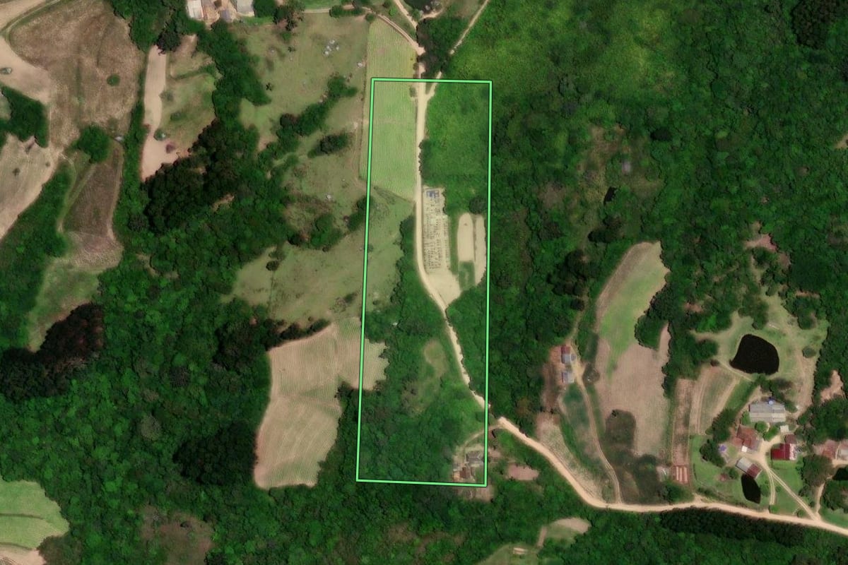Imagem de satélite do imóvel rural em São Lourenço do Sul (RS), com o contorno declarado no CAR desenhado por cima.