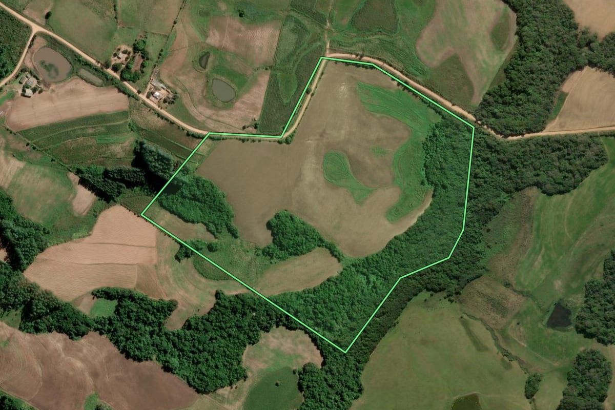 Imagem de satélite do imóvel rural em São Lourenço do Sul (RS), com o contorno declarado no CAR desenhado por cima.