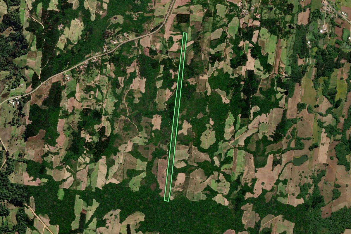Imagem de satélite do imóvel rural em São Lourenço do Sul (RS), com o contorno declarado no CAR desenhado por cima.