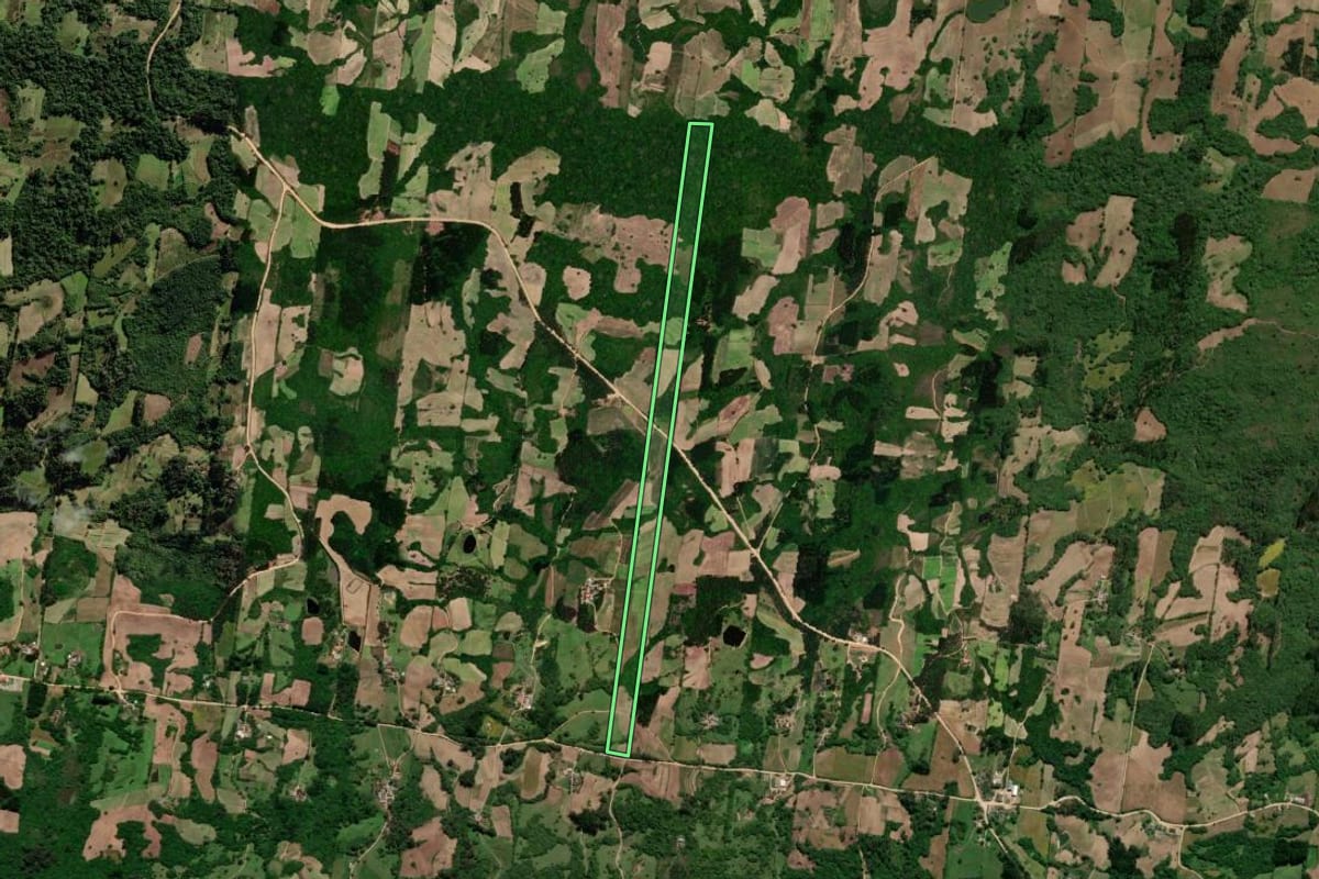 Imagem de satélite do imóvel rural em São Lourenço do Sul (RS), com o contorno declarado no CAR desenhado por cima.