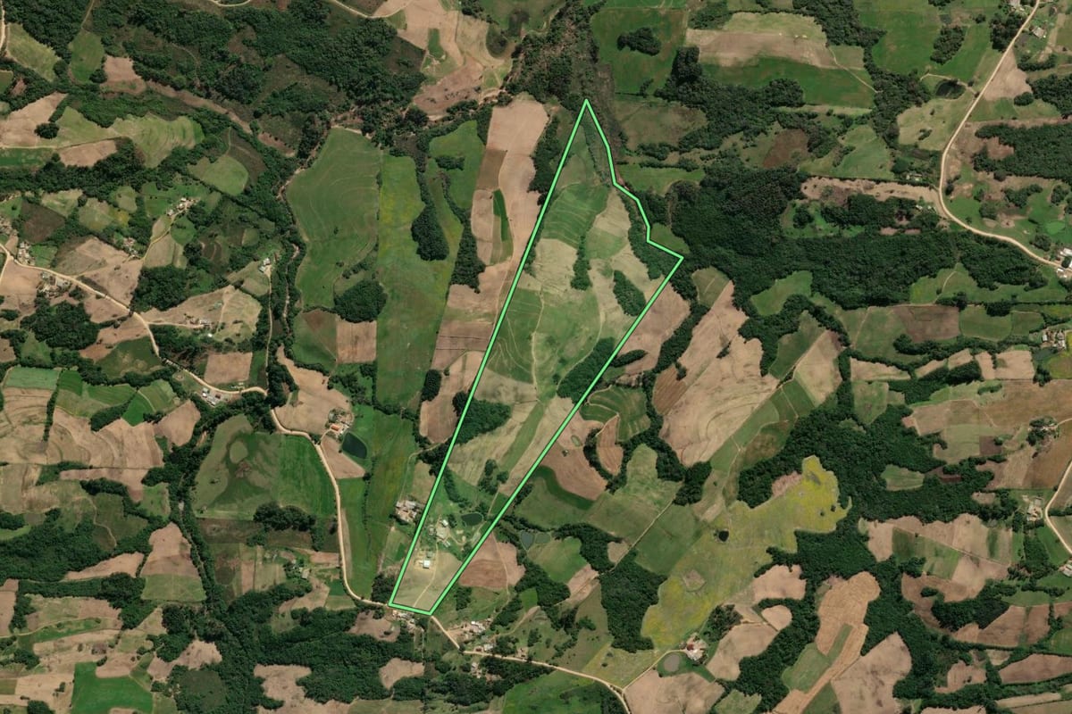Imagem de satélite do imóvel rural em São Lourenço do Sul (RS), com o contorno declarado no CAR desenhado por cima.