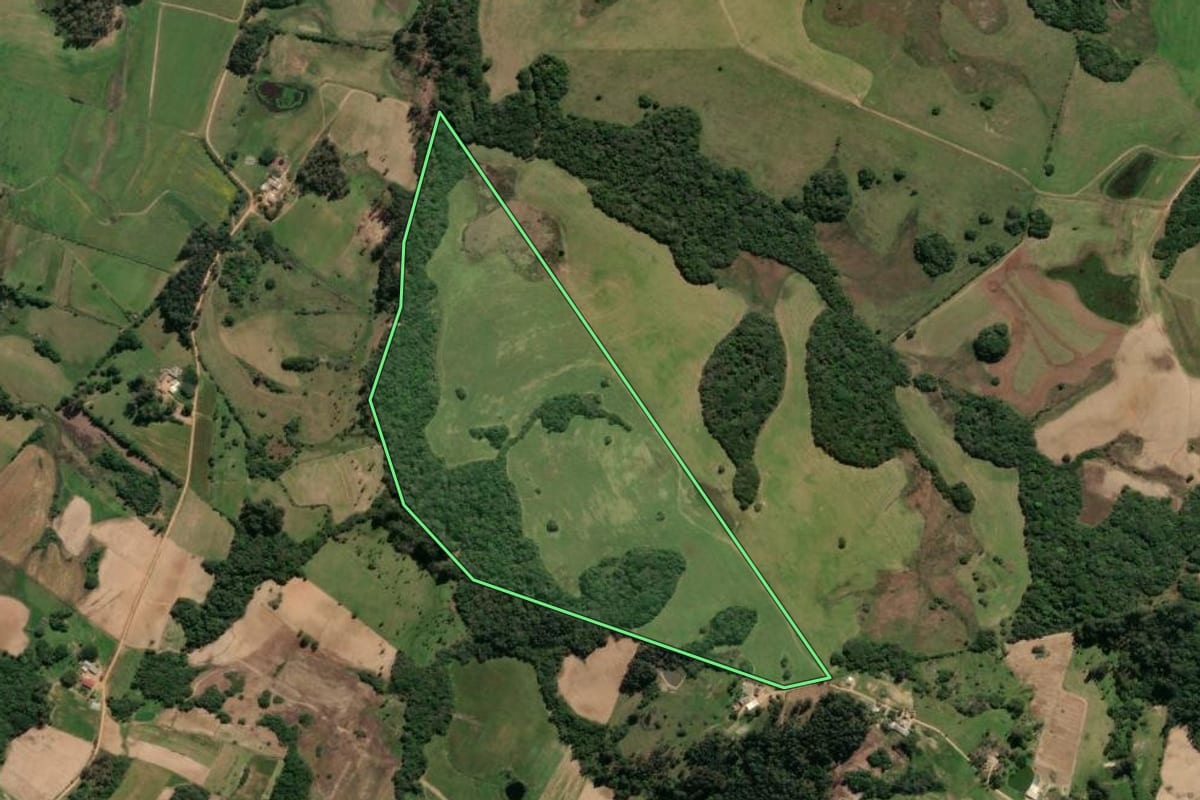 Imagem de satélite do imóvel rural em São Lourenço do Sul (RS), com o contorno declarado no CAR desenhado por cima.