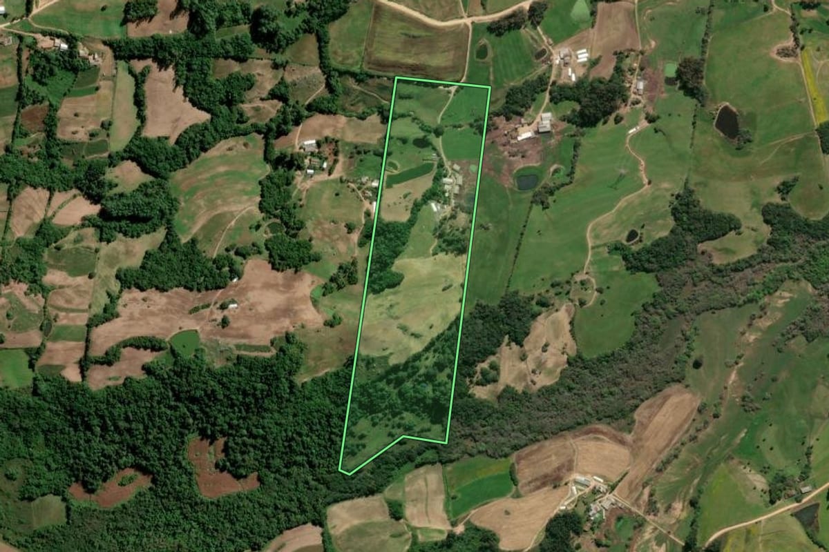Imagem de satélite do imóvel rural em São Lourenço do Sul (RS), com o contorno declarado no CAR desenhado por cima.