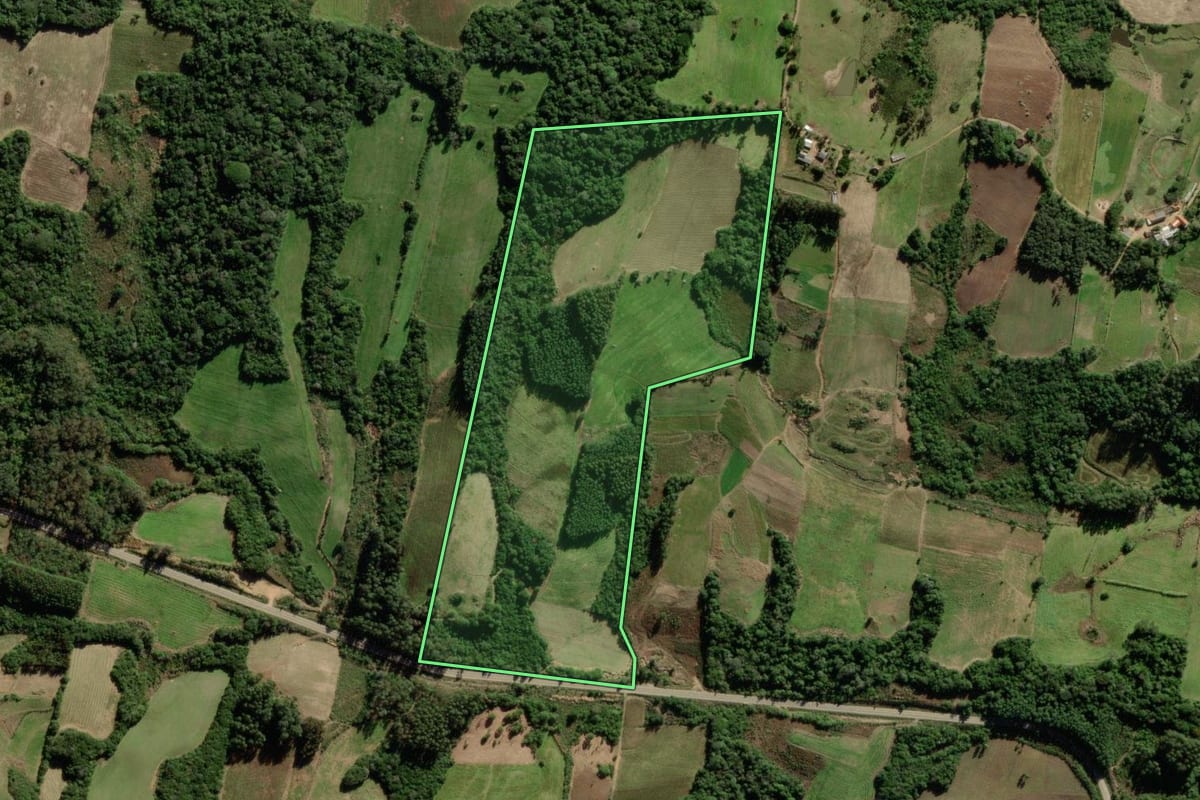 Imagem de satélite do imóvel rural em São Lourenço do Sul (RS), com o contorno declarado no CAR desenhado por cima.