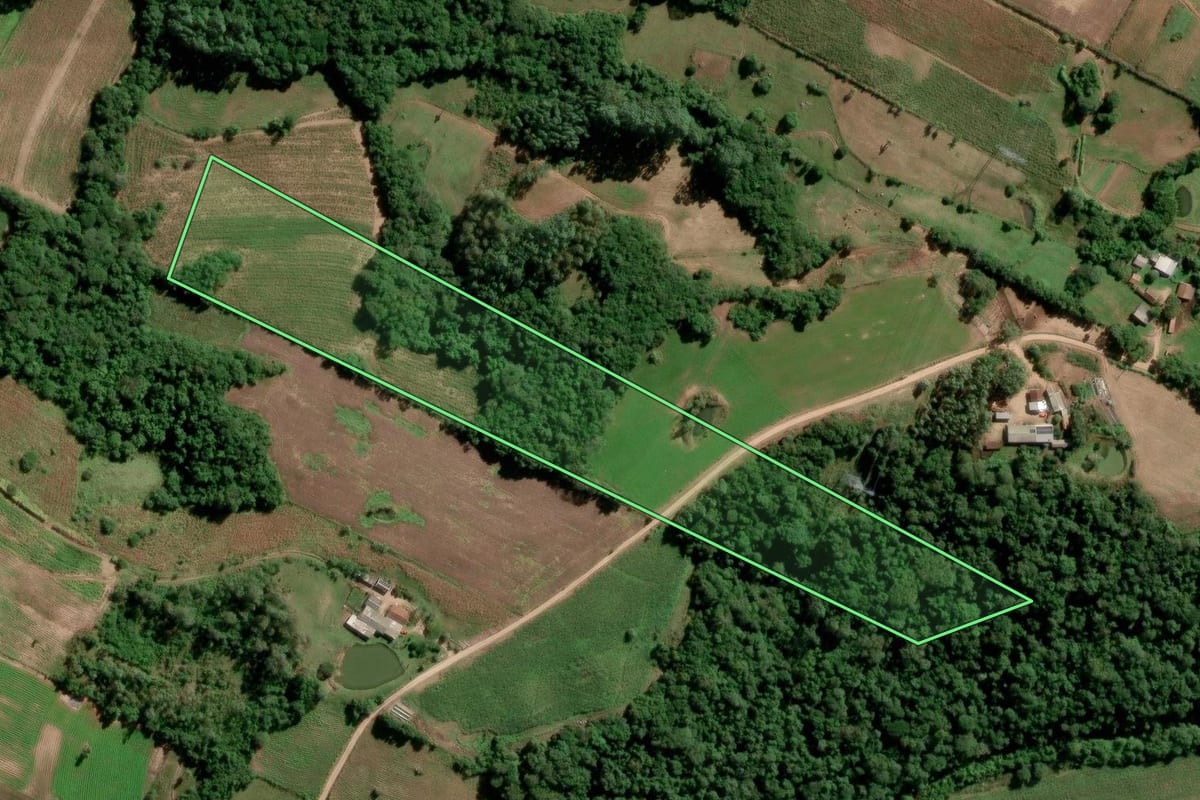Imagem de satélite do imóvel rural em São Lourenço do Sul (RS), com o contorno declarado no CAR desenhado por cima.