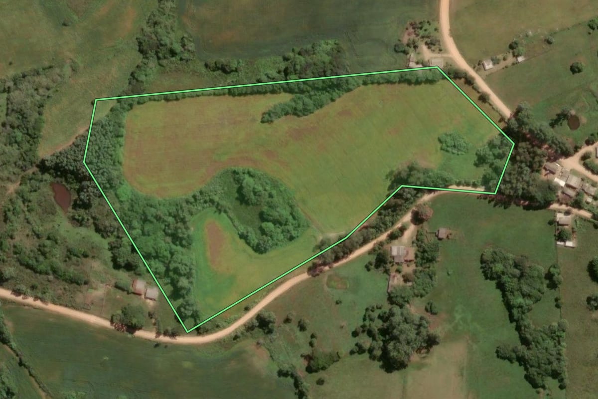 Imagem de satélite do imóvel rural em São Lourenço do Sul (RS), com o contorno declarado no CAR desenhado por cima.