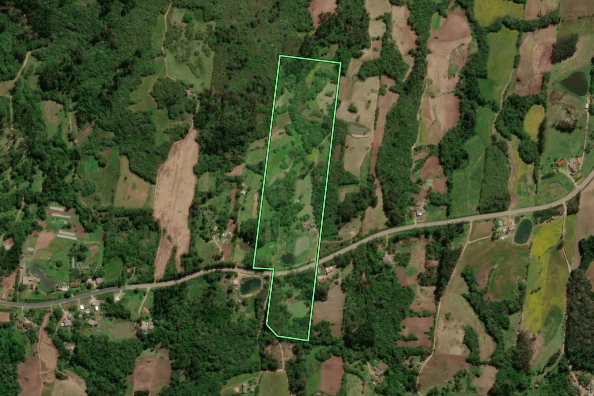 Imagem de satélite do imóvel rural em São Lourenço do Sul (RS), com o contorno declarado no CAR desenhado por cima.