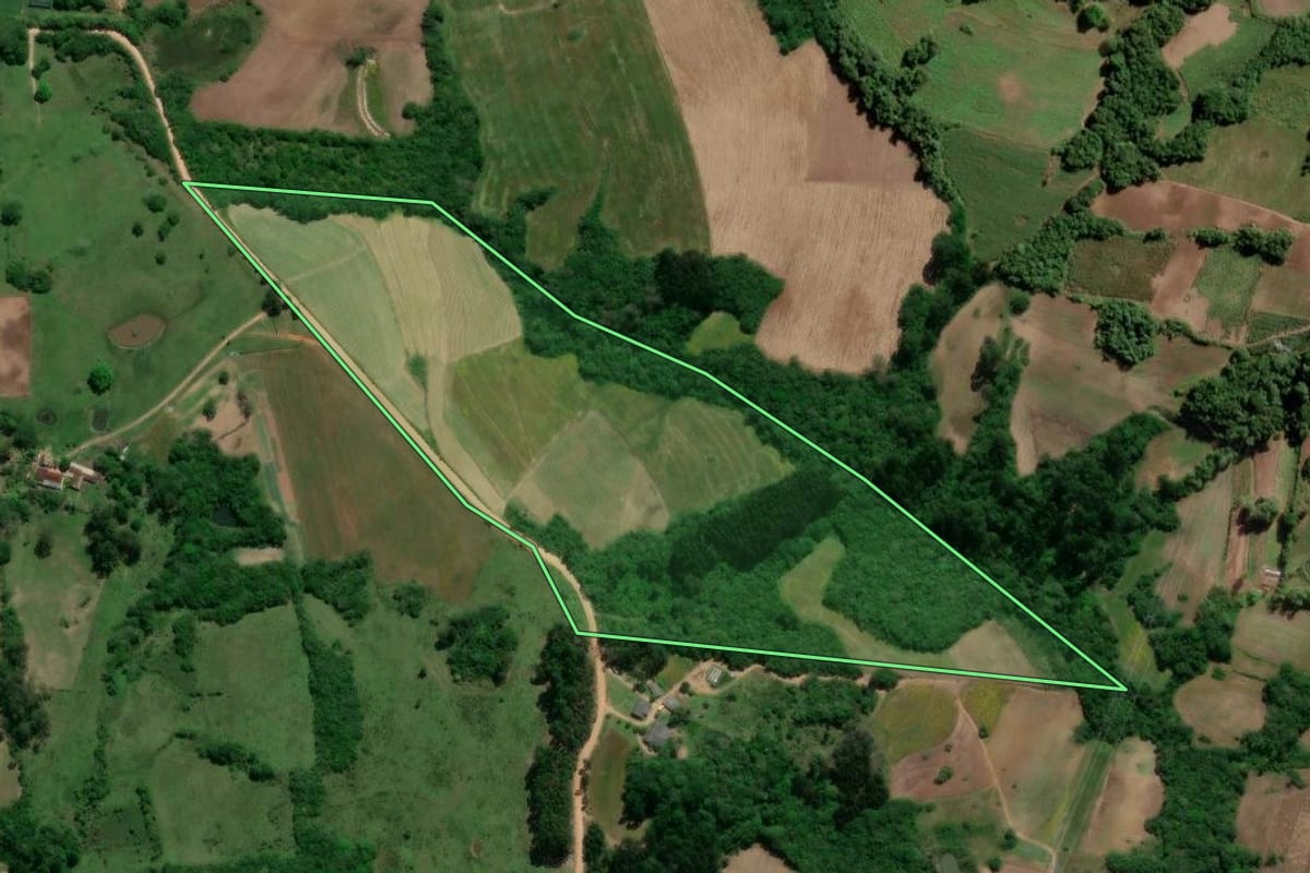 Imagem de satélite do imóvel rural em São Lourenço do Sul (RS), com o contorno declarado no CAR desenhado por cima.