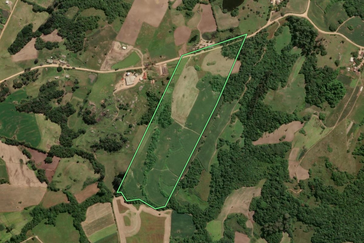 Imagem de satélite do imóvel rural em São Lourenço do Sul (RS), com o contorno declarado no CAR desenhado por cima.