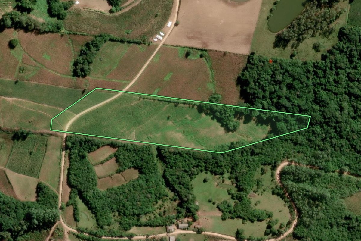 Imagem de satélite do imóvel rural em São Lourenço do Sul (RS), com o contorno declarado no CAR desenhado por cima.