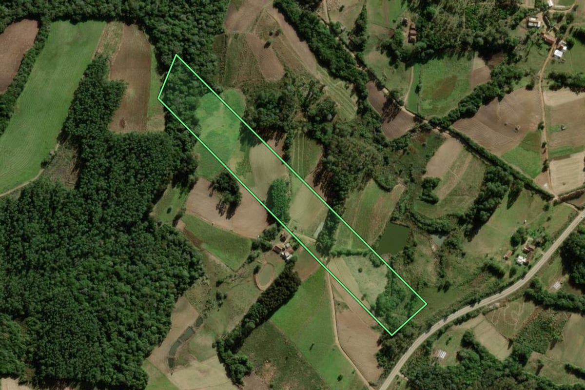Imagem de satélite do imóvel rural em São Lourenço do Sul (RS), com o contorno declarado no CAR desenhado por cima.
