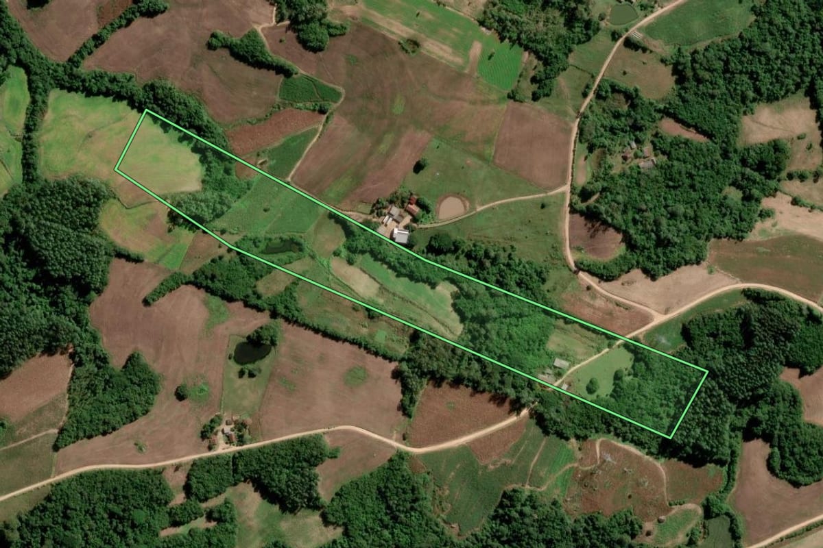Imagem de satélite do imóvel rural em São Lourenço do Sul (RS), com o contorno declarado no CAR desenhado por cima.