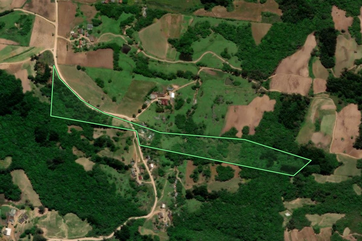 Imagem de satélite do imóvel rural em São Lourenço do Sul (RS), com o contorno declarado no CAR desenhado por cima.