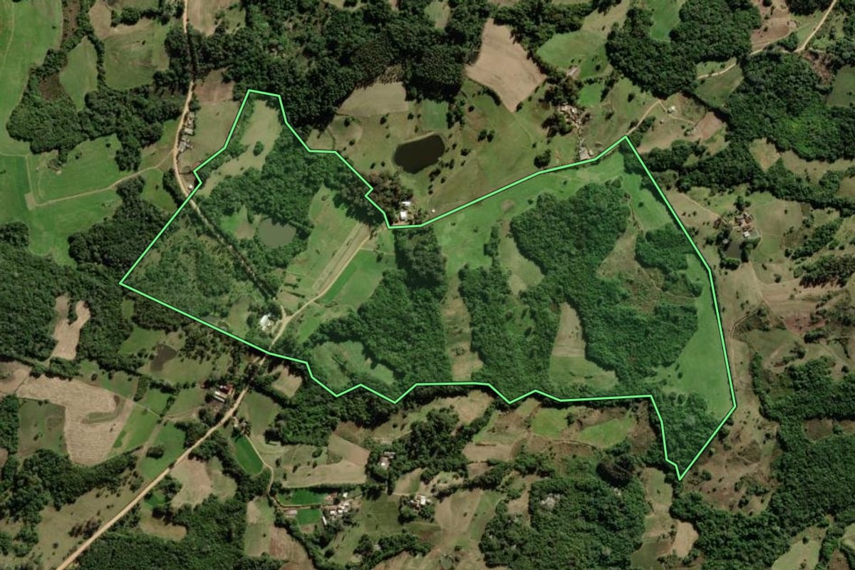 Imagem de satélite do imóvel rural em São Lourenço do Sul (RS), com o contorno declarado no CAR desenhado por cima.