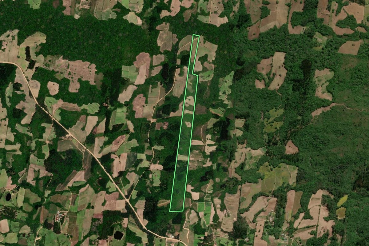 Imagem de satélite do imóvel rural em São Lourenço do Sul (RS), com o contorno declarado no CAR desenhado por cima.
